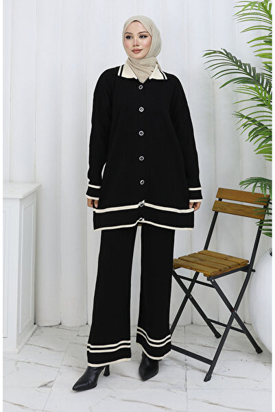 sefamerve Knitwear Polo Neck Buttoned Tunic Trousers Double Suit 1108-08 Black