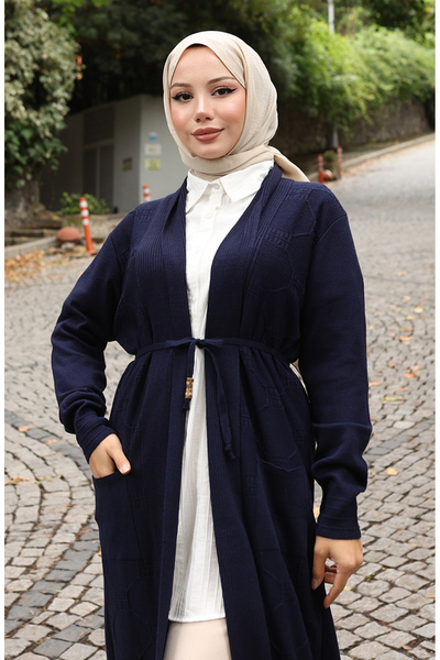 sefamerve Πλεκτό κοτλέ Μακριά Ζακέτα 0030-03 Ναυτικό Μπλε