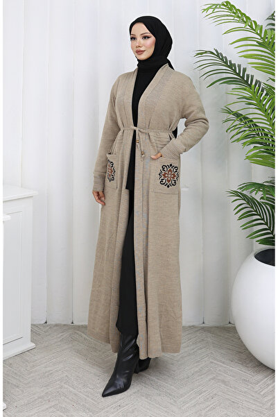 sefamerve Πλεκτό Κεντητό Μακρύ Ζακέτα 0022-02 Μπεζ