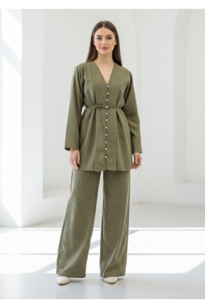 PERA MODA Comfortable Fit Gold Buttoned Suede Stylish Suit with Lacing Detail