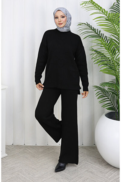 sefamerve Knitwear Heart Patterned Sweater Trousers Two Piece Set 0016-04 Black