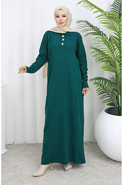 sefamerve Knitwear Polo Neck Button Dress 1141-01 Petrol