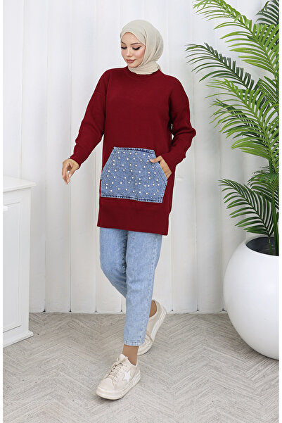 sefamerve Strickwaren Tunika mit Kängurutasche und Perlendetail 3030-08 Weinrot