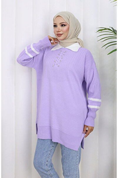 sefamerve Triko Balon Kollu Yakalı Tunik 3007-09 Lila