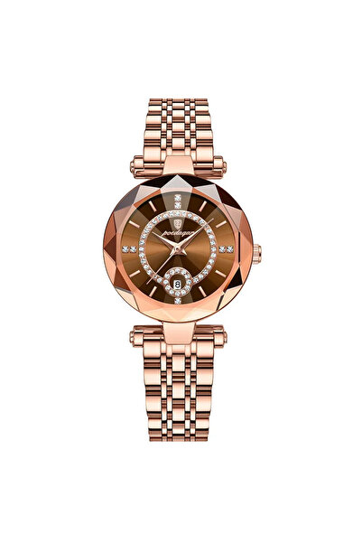 POEDAGAR Ceas dama , otel inoxidabil, rose gold, cadran maro