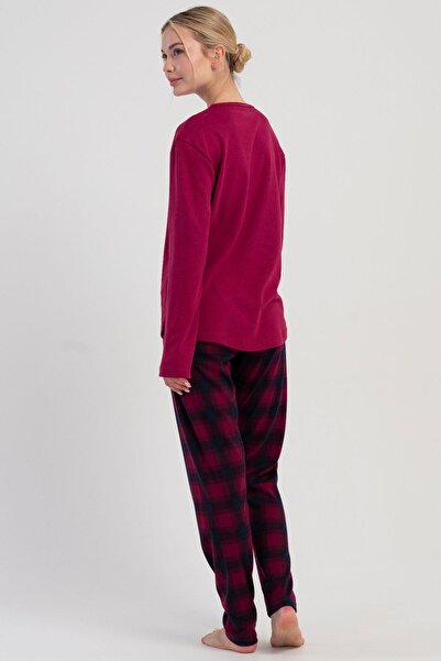 VİENETTA Women's Burgundy Long Sleeve Top Printed Bottom Plaid Pattern Cotton Pajamas Set C6T3N1305