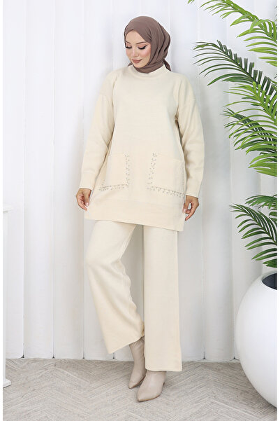 sefamerve Triko Cepli İncili Tunik Pantolon İkili Takım 1070-01 Bej
