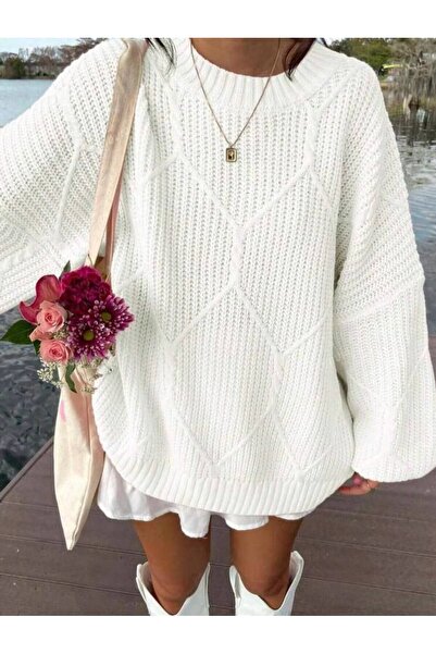 hiraz fashion Women's Ecru Baklava Patterned Knitwear Sweater