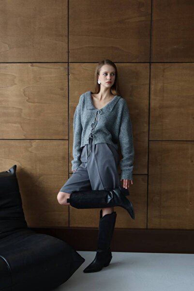 Le Savu Cardigan tricotat gri cu mâneci lungi și detaliu de legare