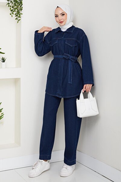 Hb Harma Time Butik Γυναικείο Σετ Μπλε Ναυτικό με Ζώνη με Κουμπιά