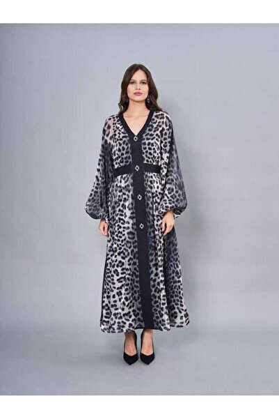 SERPİL Leopar Desenli V Yaka Düğmeli Şifon Elbise 50927