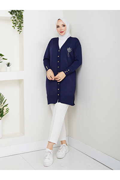 KMKkombin Women's Long Sleeve Knit Cardigan with Stone Detail on the Chest an...