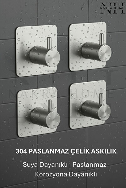 NAKRA HOME Paslanmaz Çelik Yapışkanlı 4 Adet Duvar Askılığı | Delmeden Montaj...