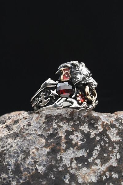 Prestige Ay Yıldızlı - Ay Yıldız ve Kurt Figürlü ve Kırmızı Zirkon Taşlı 925 Ayar Gümüş Erkek Yüzük 902327