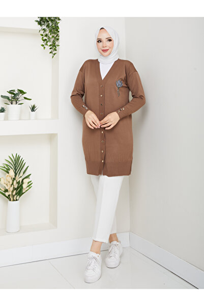 KMKkombin Women's Long Sleeve Knit Cardigan with Stone Detail on the Chest and Buttons