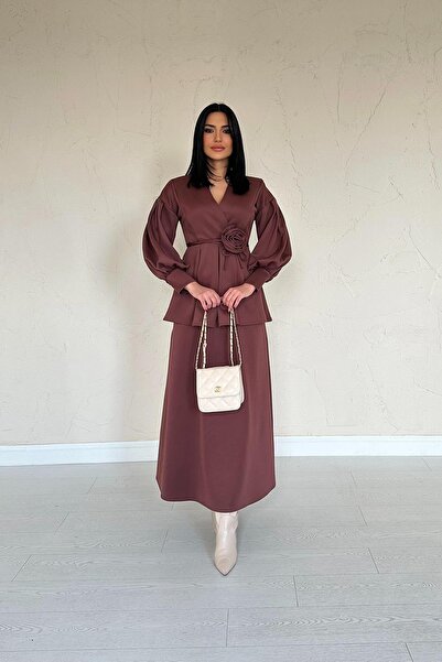 Lady Pixie Women's Rose Detailed Balloon Sleeve Blouse Skirt