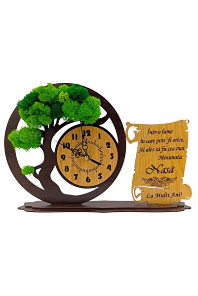 OEM Ceas Bonsai cu Licheni Stabilizați și Mesaj Gravat pentru Nașă, 30x20 cm, Wenge