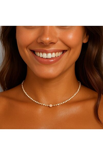 handmadewithlove Colier lucrat manual cu zirconiu nude-șampanie și perle somon