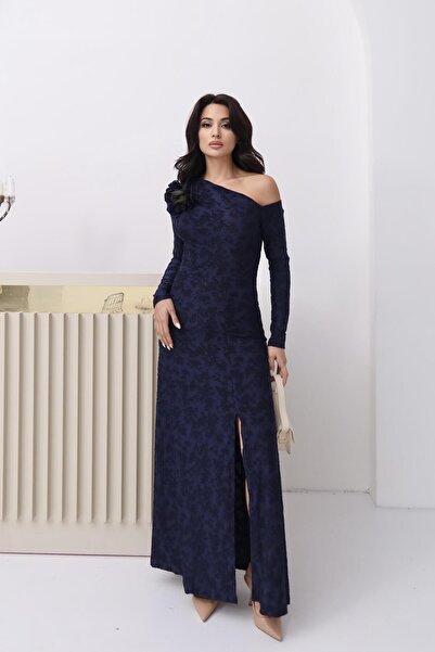 Serica Moda Navy Blue Floral Detailed One Shoulder Dress