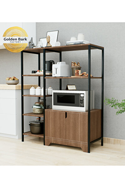 Golden Bark 5-Tier Coffee Corner Table with Metal and Wood Frame, Multi-Use Organizer with Under Cabinet