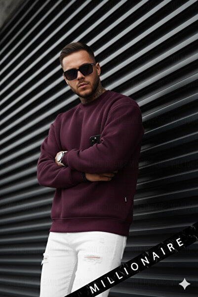 Millionaire Erkek Bordo Koyu Vişne Çürüğü Basic 0 Sıfır Yaka Baskısız Düz Oversize Salaş Bol Kesim Sweatshirt