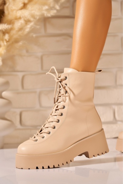 Joana Beige Faux Leather Women's Lined Boots 6CM Platform