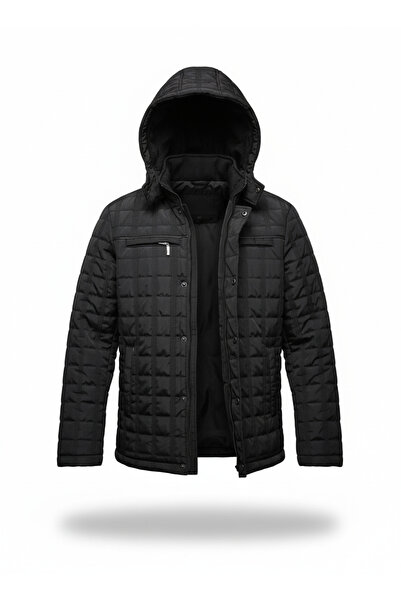 Mero Life Erkek Siyah Kapüşonlu İçi Kürklü Şişme Mont & Kaban Su Itici Rüzgar Geçirmez Kapitone Klasik Comfort