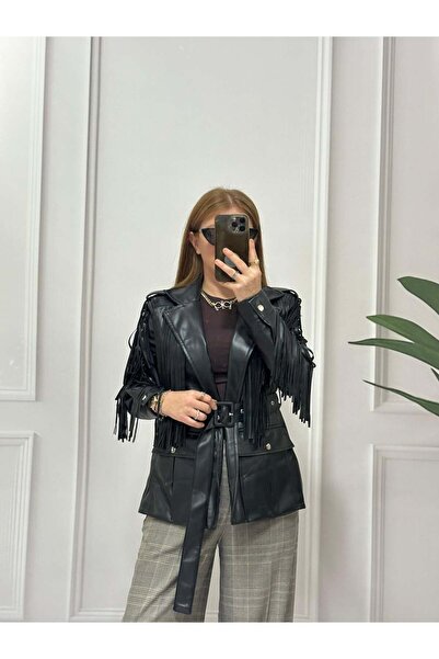 Pulli Collection Regular Kalıp Püskül Detaylı Kemerli Deri Ceket