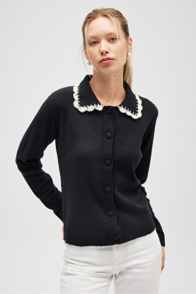 Peraluna Laila, Plain Knit, Polo Neck, Women's Knit Cardigan - Black