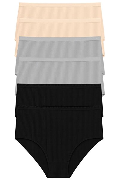 ExLove 6'lı Kadın Yüksek Bel Pamuklu Bato Külot-Ribana Dokulu & Rahat Model