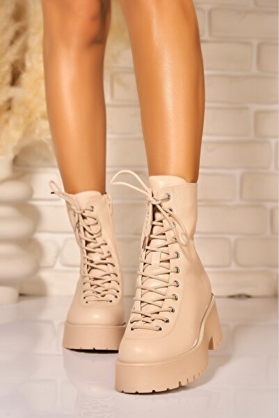 Joana Μπεζ Γυναικείες Μπότες με Επένδυση από Τεχνητό Δέρμα, Πλατφόρμα 6CM