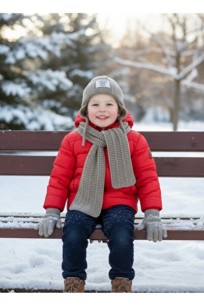 Kitti 1-4 Yaş Erkek Çocuk Polarlı Atkı-Bere-Eldiven-Amber Haki