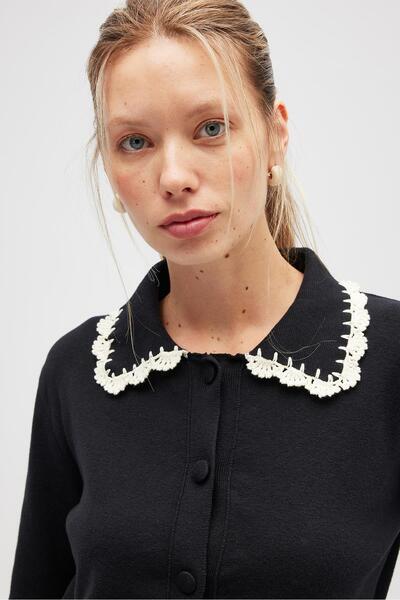 Peraluna Laila, Plain Knit, Polo Neck, Women's Knit Cardigan - Black