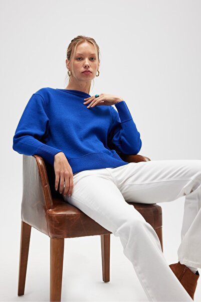 Peraluna Risu, Plain Knit Women's Transitional Knitwear Crew Neck Sweater - Cobalt Blue