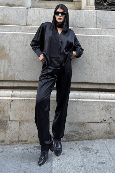 cemo Women's V-Neck Shirt Satin Suit