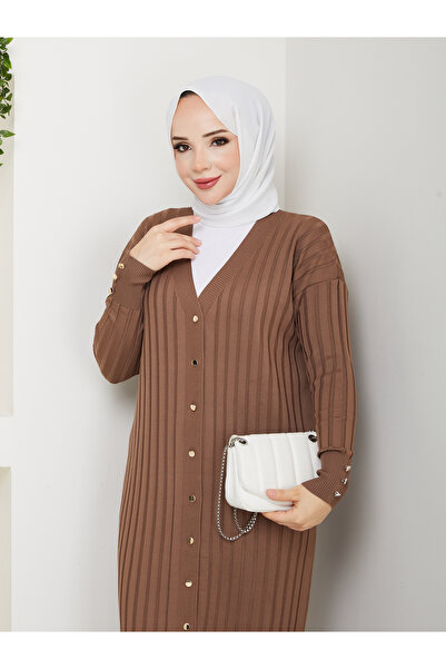 KMKkombin Women's Long Sleeve Striped Detail Buttoned Cardigan