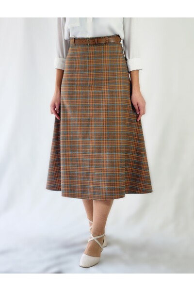 YAXİ Belt-Detail Midi-Length Loose Orange Plaid Woven Skirt