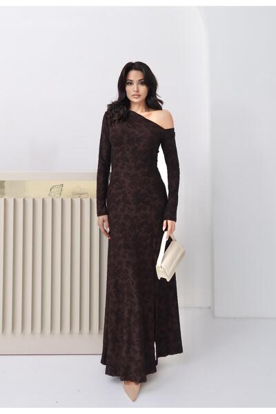 Serica Moda Φόρεμα με έναν ώμο με λεπτομέρεια καφέ λουλουδιών