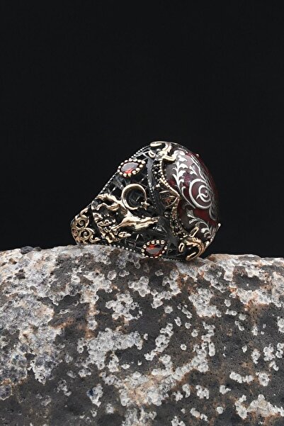 Prestige Ay Yıldızlı Ve Kurt Figürlü Ve Osmanlı Tuğralı Mineli 925 Ayar Gümüş Erkek Yüzük 902332