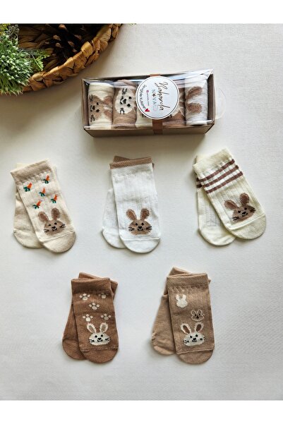 GizaKids %100 Pamuk 0-6 Ay Bebek Kutulu Soket Çorap 5li Set
