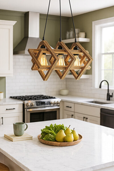 KUZENLER Rustik Ahşap 3’lü Sarkıt Avize