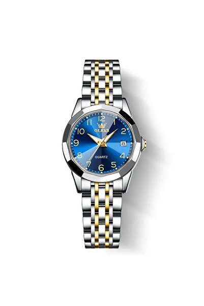 OLEVS Ceas de dama , otel inoxidabil, argintiu-auriu, cadran albastru