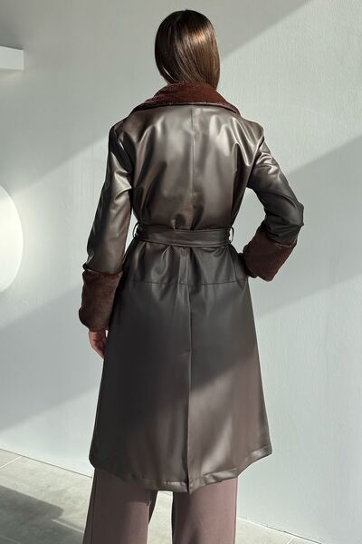 govestra Yaka Ve Bilek Kürk Garnili Bel Kuşaklı Suni Deri Trençkot