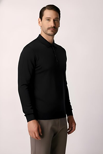 İgs Черно стандартно прилепващо поло с дълъг ръкав и гладка повърхност