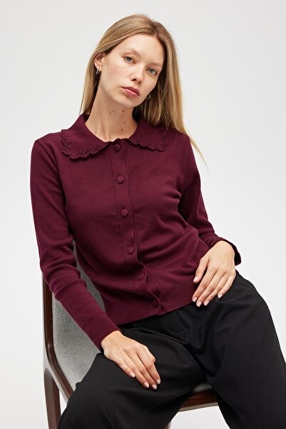 Peraluna Laila, Plain Knit, Polo Neck, Women's Knit Cardigan - Burgundy