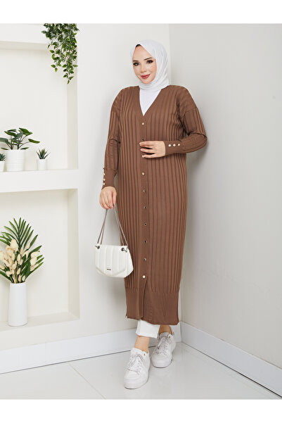 KMKkombin Women's Long Sleeve Striped Detail Buttoned Cardigan