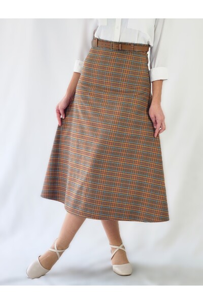 YAXİ Belt-Detail Midi-Length Loose Orange Plaid Woven Skirt