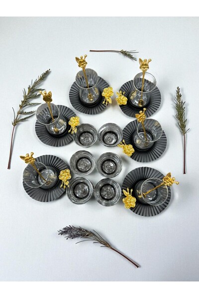 İnterlife 24 Parça Lüx Çay Takımı Seti Cam Bardak Cam Sunumluk Metal Atlıklı ...