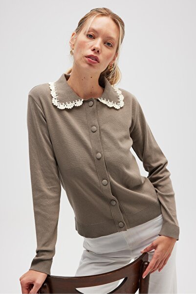 Peraluna Laila, Plain Knit, Polo Collar, Women's Knit Cardigan - Mink