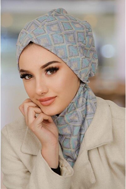 Aişe tesettür Gri Mavi Desen Tesettür Bere Ve Etol Takım